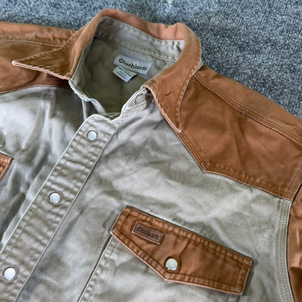 Carhartt Heavyweight Canvas Pearl Snap Work Shirt Size XLT Khaki S123KBN